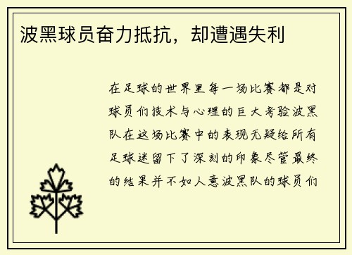 波黑球员奋力抵抗，却遭遇失利