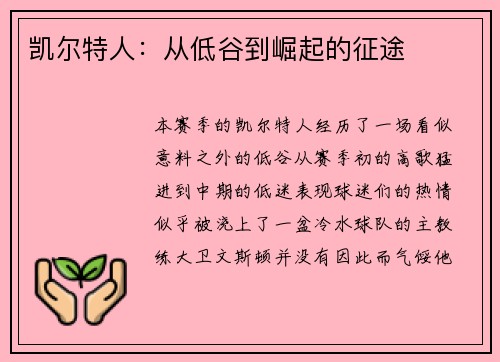 凯尔特人：从低谷到崛起的征途