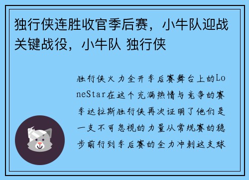 独行侠连胜收官季后赛，小牛队迎战关键战役，小牛队 独行侠