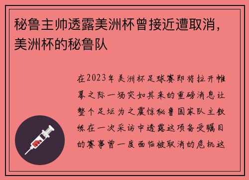 秘鲁主帅透露美洲杯曾接近遭取消，美洲杯的秘鲁队