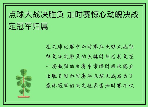 点球大战决胜负 加时赛惊心动魄决战定冠军归属